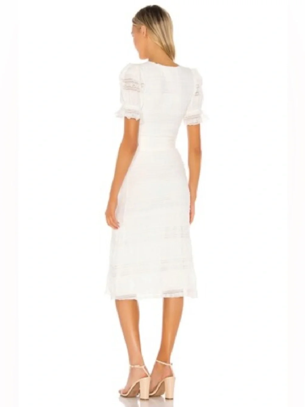 Tularosa Quinn Midi Dress Cream Boho Ruffle Puff Shoulder Belted Bridal Wedding - Picture 3 of 15